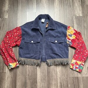 Cropped Navy Corduroy Jacket with Kantha Red Patterned Sleeves